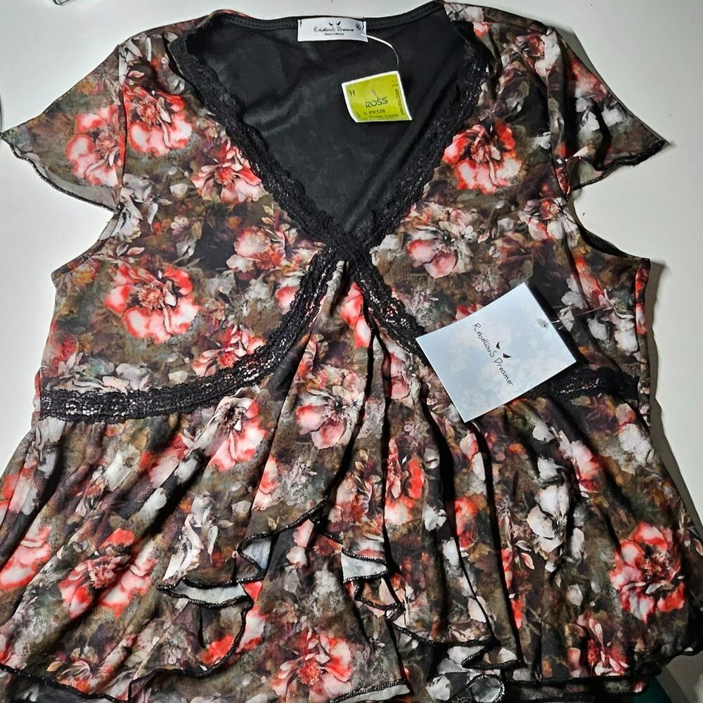Rebellious Dreamer Fall Colored V Neck Ruffled Blouse With Lace Trim Size xl
